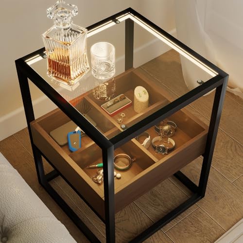 Clear Tempered Glass Top Nightstand with 4 (Brown)