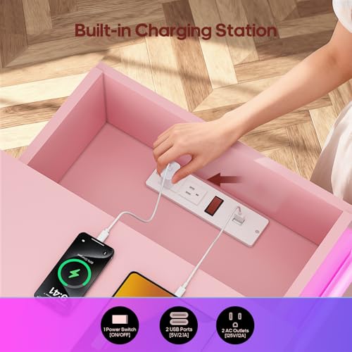 Pink Nightstand with Charging Station and LED Lights (Pink)