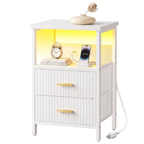 Night Stand with Charging Station (15.7"D x 11.8"W x 23.6"H (2 drawers) / Power+Light (1pc) / White Fluted)