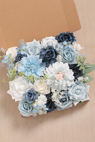 Artificial Flowers Combo Box Set for DIY Wedding Bouquets Centerpieces Arrangements Bridal Shower Party Home Decorations (Light Blue&navy Blue)