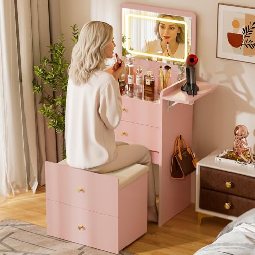 Makeup Vanity Desk with Mirror and Lights (Pink)