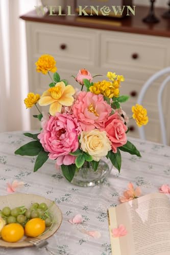 Artificial Flowers Centerpieces in Glass Vase with Fake Water (Yellow, Coral & Hot Pink)
