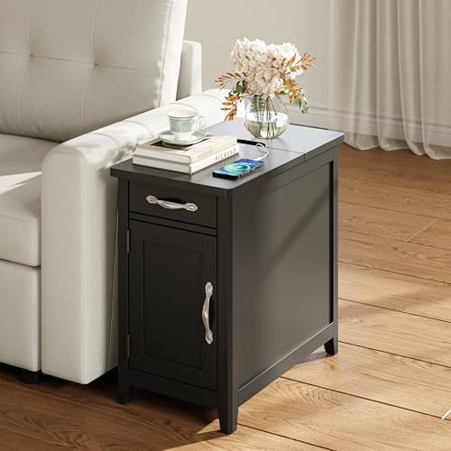 Set of 2 Charging End Tables with USB Ports (Black / Wood Door)