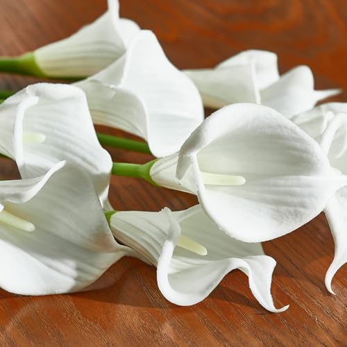 30 PCS Artificial Calla Lily Flowers Bouquet Faux Branches for Vase Fake Flower 14" Real Touch for DIY Mother's Day Wedding Party Decoration Pure White (White)