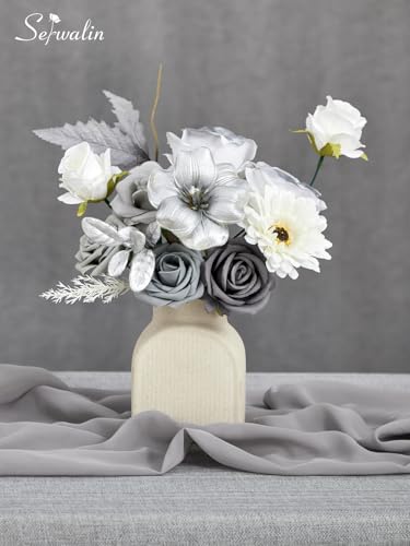Silver Grey Artificial Flowers Silk Fake Flowers for DIY Wedding (Grey,silver / 1 Box)