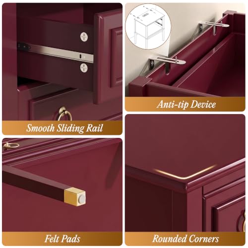 27.6 Inch Tall Nightstand with Charging Station (Burgundy)