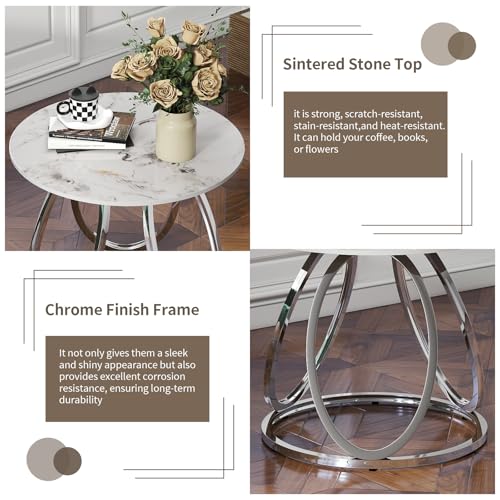 Round End Table with Marbling Stone (White)