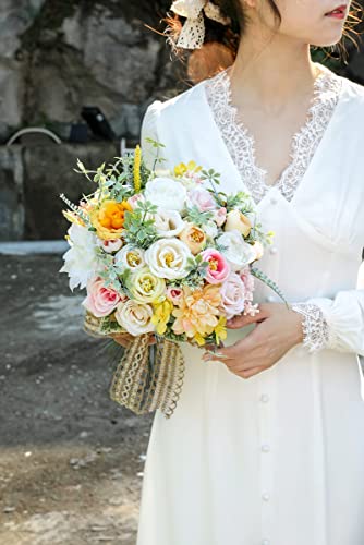 Artificial Wedding Flowers Bouquets Centerpieces Faux Flowers Combo for Fake Flowers with Leaves DIY Floral Arrangements Bridal Baby Shower Home Decor (White Yellow)