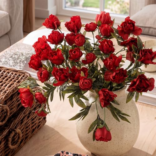 Faux Silk Peony Artificial Flowers Stem for Vase (Burgundy)