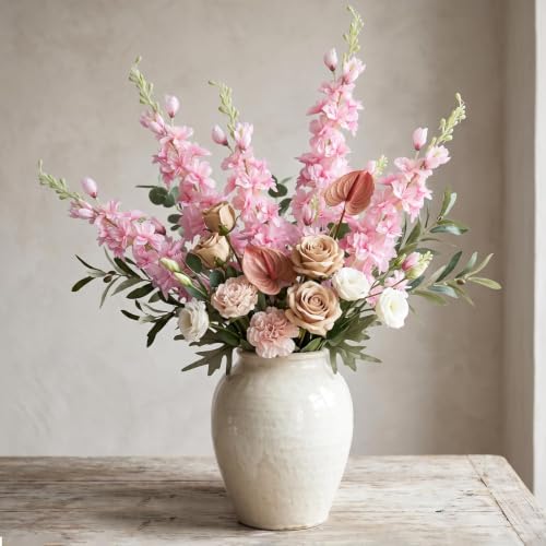 16Pcs Pink Delphinium Artificial Flower 33.5'' Long Stem Silk Pink Flowers (Pink)