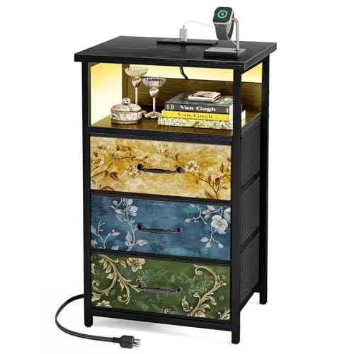 Night Stand with 3 Fabric Drawers (15.7"D x 11.8"W x 26.9"H (3 drawers) / Power+Light (1pc) / Vintage Flower)