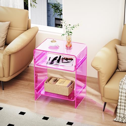 Acrylic Record Player Table with Storage Shelf (Pink / Large)