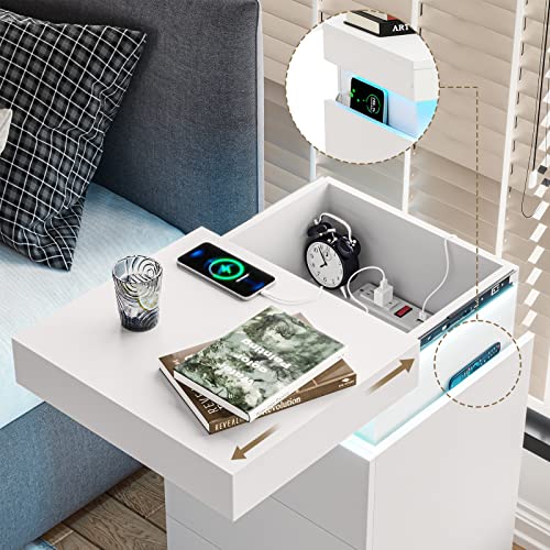 White Nightstand with Charging Station and LED Lights (White)