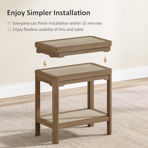 Rattan Side Table End Table Farmhouse Boho Nightstand Set of 2 (Caramel Oak, Geometric Edges)