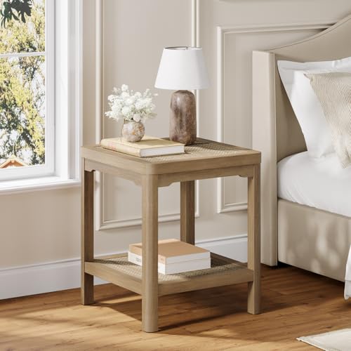 Square Rattan End Table Side Table Set of 2 with Round Edge Design (Caramel Oak, Square)