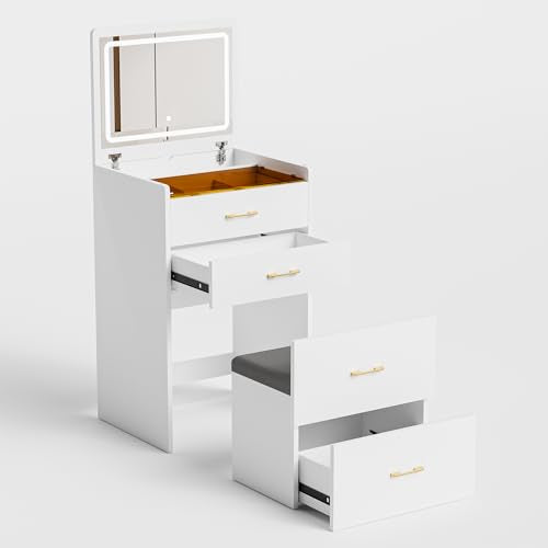 3-in-1 Vanity Desk Set with Stool, Small Flip-Up Makeup Table, White (White / 23.8 Inch)