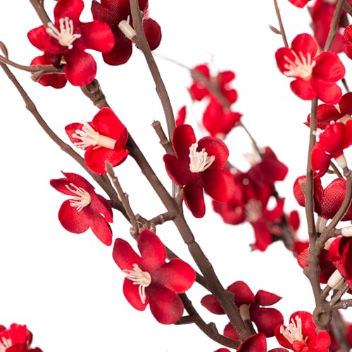 4Pcs Cherry Blossom Branches Artificial Flowers for Spring Summer Indoor Decoration (Red)