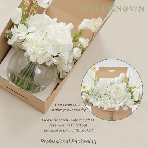 Artificial Flowers for Table Decoration Silk Hydrangea Flowers with Vase Fake Flower Arrangements in Round Bowl Vase with Faux Water for Summer Spring (Mix Hydrangea-white)