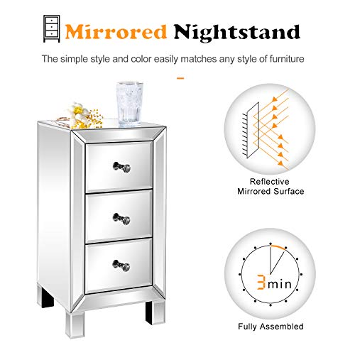 3 Drawer Mirrored Nightstand End Table Bedside Table for Bedroom (1 Pack / Assembly: Knobs Only / Actual Glass Mirror Finish)