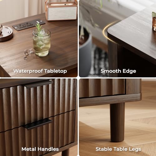 Fluted Nightstand Set of 2 with Charging Station (Walnut / 2 Drawers)