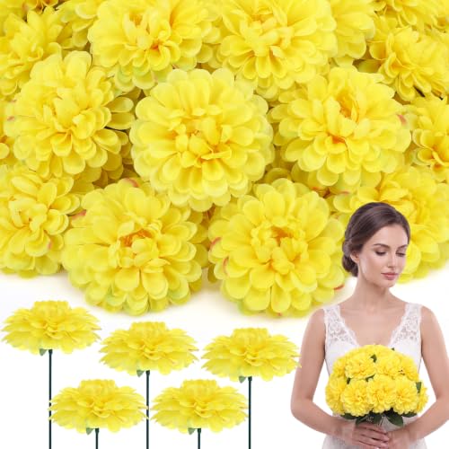 100pcs Yellow Artificial Dahlia Flowers with Stems (Yellow)