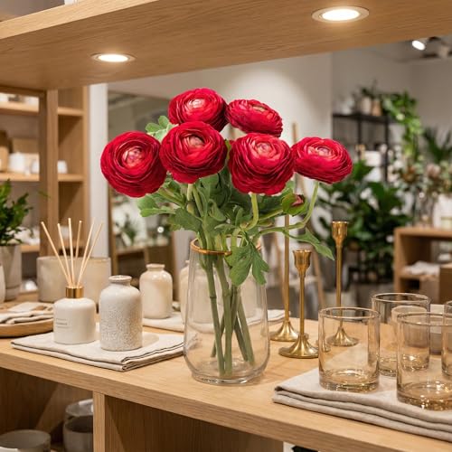 Artificial Ranunculus Flowers with Real Touch Stem (Red / 6)