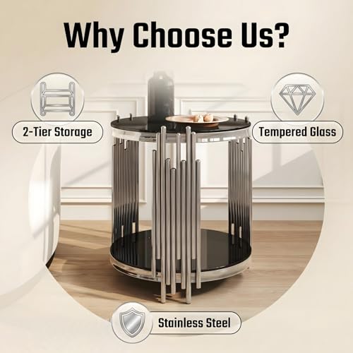 19.7''D Round Glass Side End Table with 2 Tiers (Silver & Black)