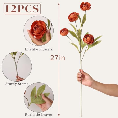 12 Pcs 27" Faux Silk Peony Artificial Fall Flowers Stems for Vase (Orange)