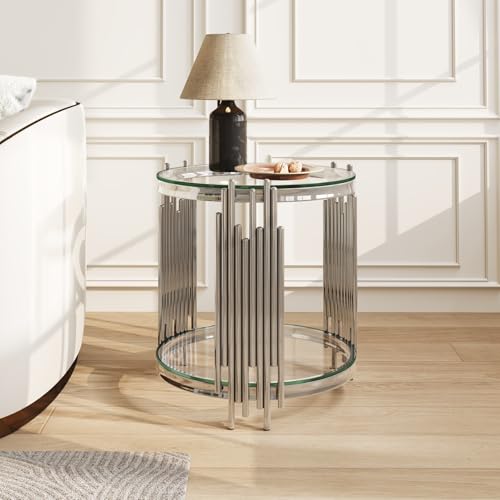 19.7''D Round Glass Side End Table with 2 Tiers (Silver)