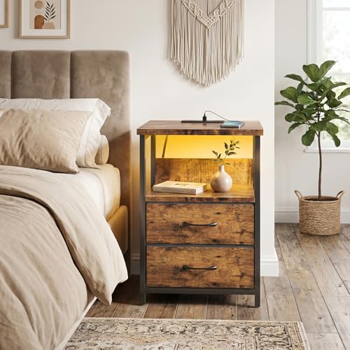 Night Stand with Charging Station (15.7"D x 11.8"W x 23.6"H (2 drawers) / Power+Light (1pc) / Rustic Brown)