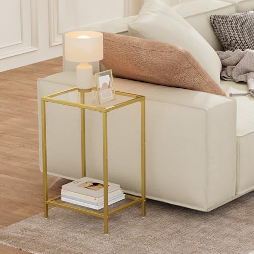 Side Tables Set of 2 with Tempered Glass (Gold / 11.8"D x 15"W x 23.6"H)