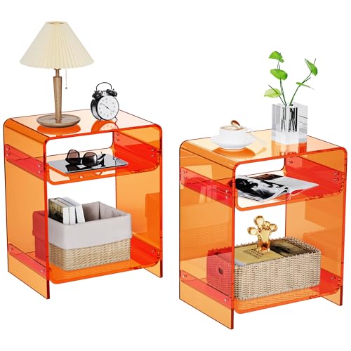 Acrylic End Table Record Player Table with Storage Shelf Clear Side Table Nightstand (Orange Set of 2)