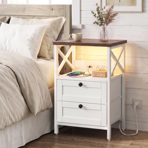 Night Stand with Charging Station (15.7"D x 11.8"W x 23.6"H (2 drawers) / Power+Light (1pc) / Natural Walnut & White)