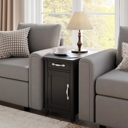 Set of 2 Charging End Tables with USB Ports (Black / Wood Door)