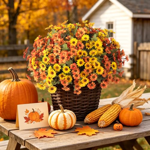 Artificial Fall Flowers Fake Mums Plants for Outdoors Decoration (6 Yellow, 6 Orange)