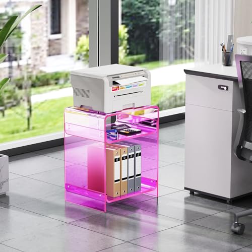 Acrylic End Table Record Player Table with Storage Shelf Clear Side Table Nightstand (Pink)