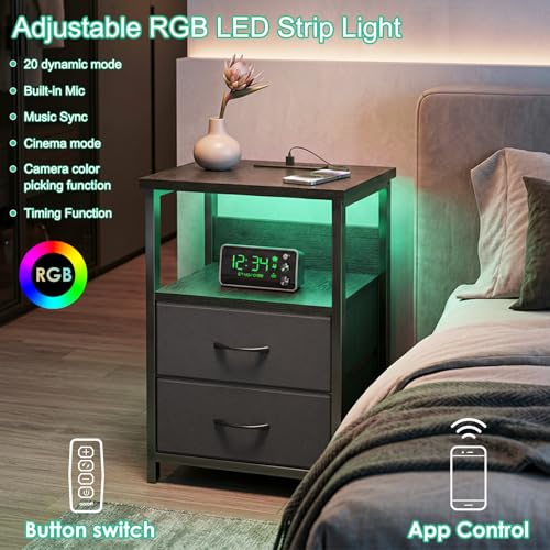 Black Nightstands Set of 2 (15.7"D x 11.8"W x 23.6"H (2 drawers) / Power+Light (2pc) / Black)