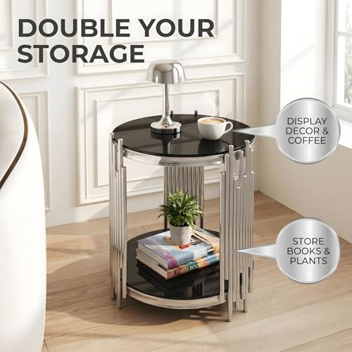 19.7''D Round Glass Side End Table with 2 Tiers (Silver & Black)