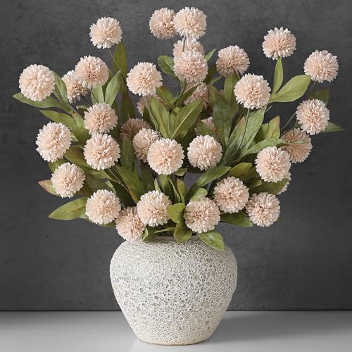 6 Pcs 27" Artificial Pompon Mum Silk Flower Stems for Vase (Beige)