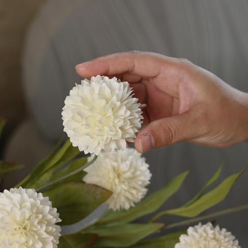 6 Pcs 27" Artificial Pompon Mum Silk Flower Stems for Vase (Cream)