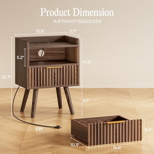 Nightstand Set of 2 with Charging Station (Walnut)