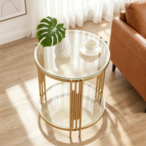 Round Side Table Small Gold End Table Living Room (Gold / 2 Tier)