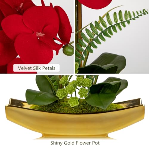 Orchid Artificial Flowers 17" Silk Red Orchid Floral Arrangement with Gold Pot Real Touch Faux Orchid Plant for Home Office Room Kitchen Table Centerpiece Shelf Decor (Red Gold)