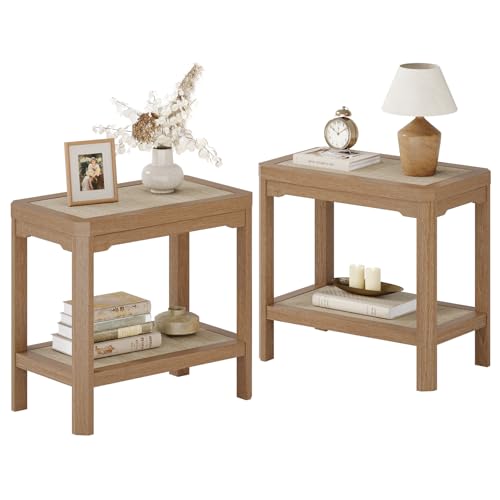 Rattan Side Table End Table Set of 2 with Geometric Edge (Natural Oak, Geometric Edges)