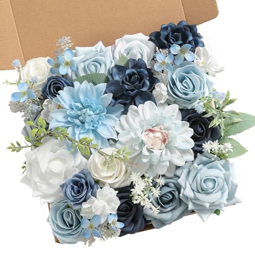 Artificial Flowers Combo Box Set for DIY Wedding Bouquets Centerpieces Arrangements Bridal Shower Party Home Decorations (Light Blue&navy Blue)