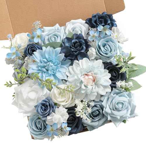 Artificial Flowers Combo Box Set for DIY Wedding Bouquets Centerpieces Arrangements Bridal Shower Party Home Decorations (Light Blue&navy Blue)