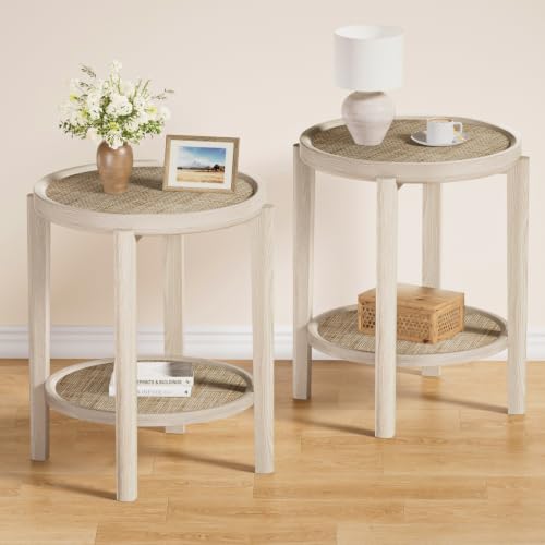 Rattan Round Side Table End Table with Storage Shelf (Creamy White, Round)