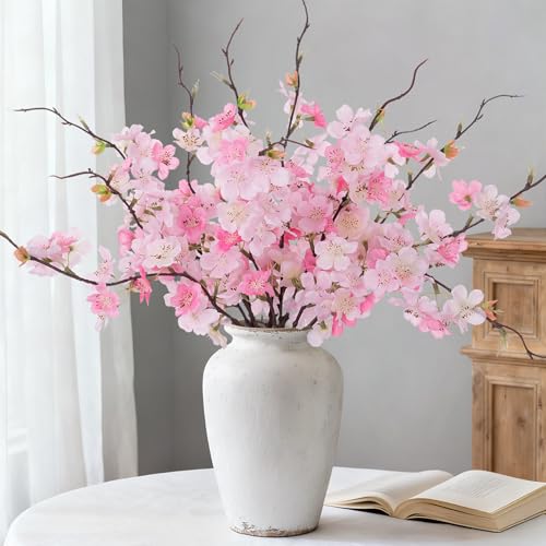 Artificial Cherry Blossom Branches Decor 12 PCS Fake Flowers Indoor (12pcs-18.11 Inch Pink)