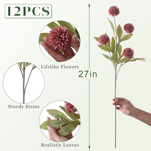 12 Pcs 27"Artificial Pompon Mum Silk Flower Stems for Vase (Warm Pink)