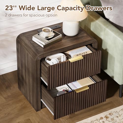 23'' Wide Fluted Nightstand Set of 2 with Charging Station (Walnut / 2 Drawers)